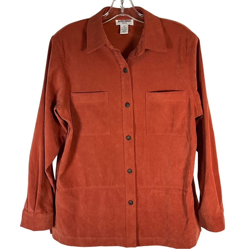 Alfred Dunner Blouse Size 10P Rust Button-Up Suade Feel Shoulder Pads
